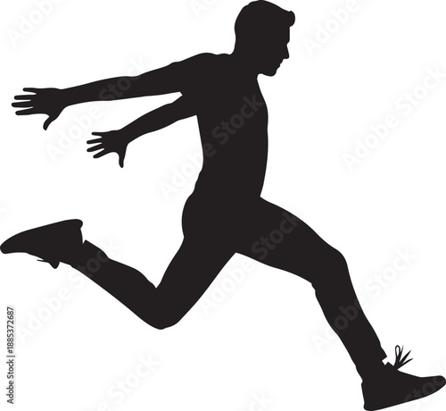 Solid Black Silhouette of Man Jumping Forward Mid-Air Motivation and Progress Concept Flat Vector Isolated on White Background
