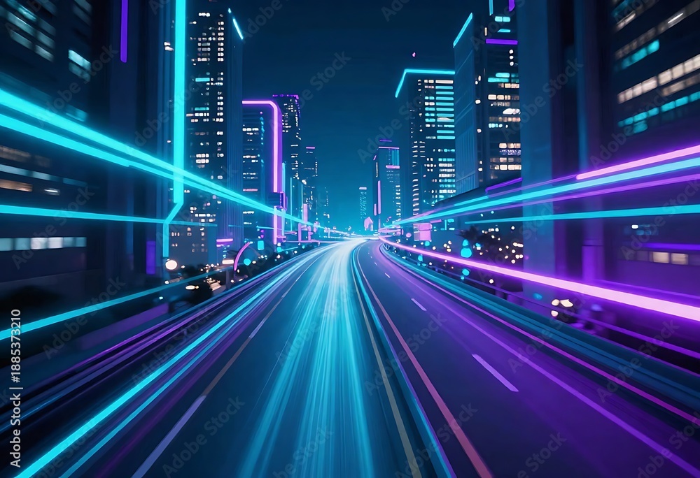 Fototapeta premium Futuristic neon cityscape at night featuring glowing light trails, smart transportation, and digital infrastructure, ideal for technology, innovation, AI, business, and future urban development.