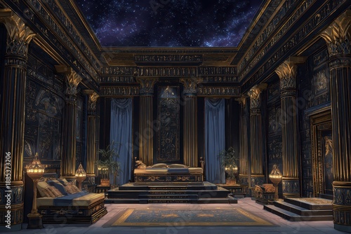 Mystic interior design: ancient-inspired black room bathed in night light and gold ornamentation