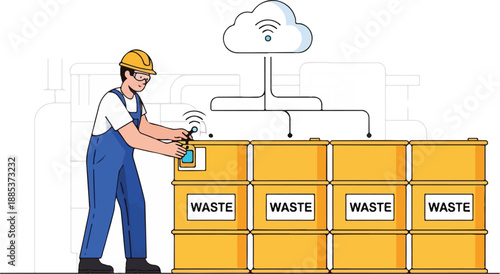 Man in blue overalls scans waste containers with a smartphone in an industrial setting via a wireless network connection.