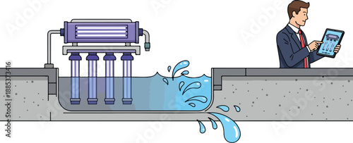 Businessman monitoring industrial water treatment system with leakage