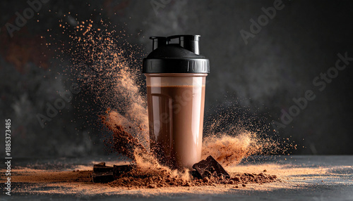 Plastic protein shaker bottle with chocolate powder explosion and splash, gym workout nutrition and bodybuilding concept