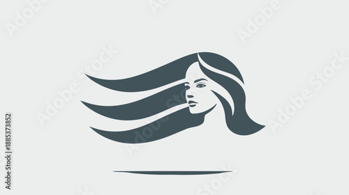 A monochrome illustration of a woman with long, flowing hair and a minimalist design