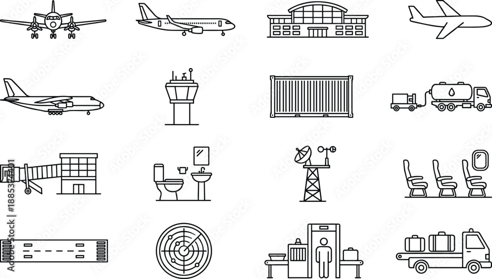 Obraz premium Airport and aviation line icons set including airplanes terminal logistics control tower radar baggage transport and passenger travel infrastructure services worldwide operations systems