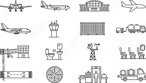 Airport and aviation line icons set including airplanes terminal logistics control tower radar baggage transport and passenger travel infrastructure services worldwide operations systems