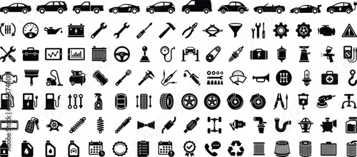 Automotive repair and car maintenance icon set with vehicles tools parts diagnostics service equipment symbols for mechanic workshop garage engineering concepts