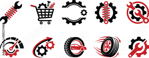 Automotive repair and maintenance icons set with wrench gear suspension tire speedometer symbols for car service workshop diagnostics spare parts branding concepts
