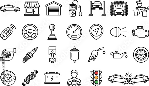 Automotive service and car maintenance icons set with diagnostics tools parts garage equipment symbols in clean outline style for repair design use