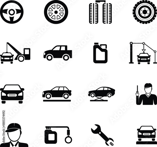 Automotive service and car repair icons set in solid style for mechanic workshop maintenance vehicle diagnostics spare parts and garage operations