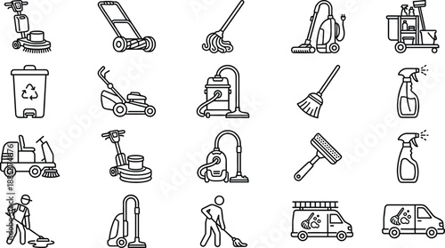 Cleaning equipment and janitorial service outline icons set featuring vacuums mops carts machines for professional commercial maintenance design use projects branding marketing