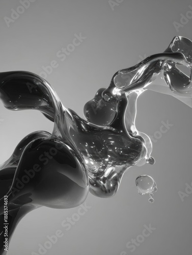 Black and white abstract photograph of a liquid splash. the liquid appears to be made up of multiple layers of different shapes and sizes, creating a fluid and dynamic composition.
