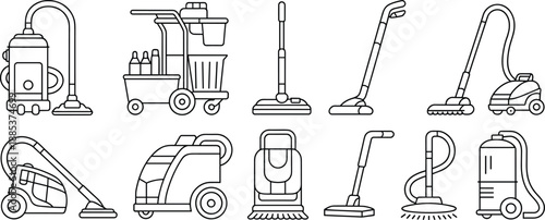 Cleaning equipment and vacuum cleaner icons set in outline style for housekeeping janitorial service commercial cleaning business hygiene maintenance and sanitation concepts