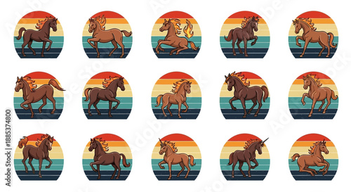 Collection of vintage retro sunset horse illustrations featuring various running and trotting brown horses, including a unicorn.