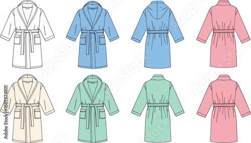 Vector Illustration Set Of Men And Women Terry Cloth Bathrobes Featuring Various Colors Like Blue Pink And Green For Spa Wellness And Loungewear Branding