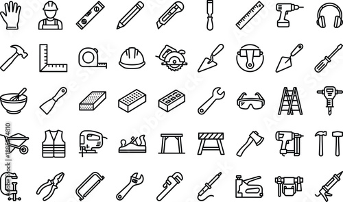 Construction tools line icon set featuring safety equipment hand tools power tools repair symbols for industrial building maintenance diy and workshop design projects