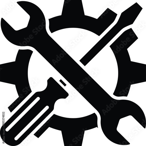 Crossed wrench and screwdriver over gear icon symbolizing repair maintenance engineering service settings configuration industrial mechanics and technical support solutions