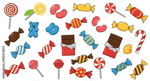 A vibrant collection of various colorful candies, including lollipops, wrapped sweets, jelly beans, gummy bears, chocolate bars, and candy canes, scattered on a white background.