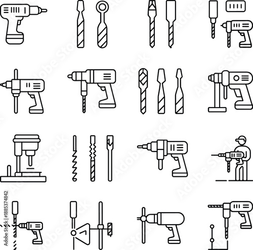 Drilling tools and electric drill line icons set featuring drill bits workers machines accessories for construction carpentry workshop and industrial design projects