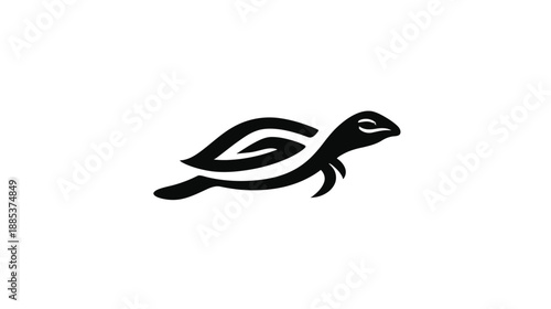 A stylized black illustration, resembling a turtle, floats horizontally on a white background