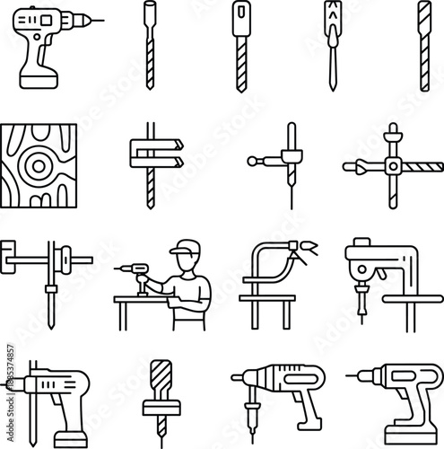 Drilling tools and woodworking equipment outline icons set with electric drills bits clamps and workshop machinery for construction repair carpentry projects professional use