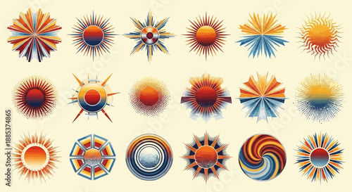 A collection of abstract sun and star-like circular designs with radiating patterns and warm color gradients, set against a light background.