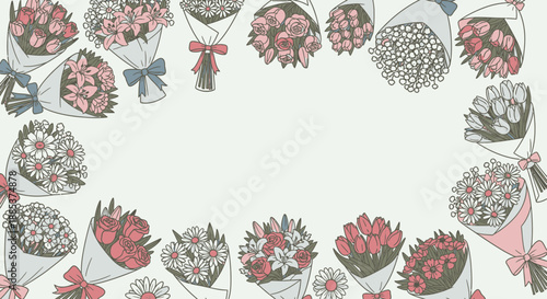 Hand-drawn illustration of various flower bouquets forming a decorative border on a light background, perfect for invitations or greeting cards.