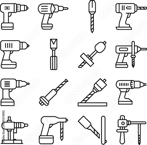 Electric drill and drilling tools line icons set featuring power drills bits accessories equipment for construction carpentry repair workshop and DIY design