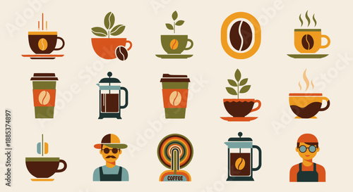 A collection of various coffee-themed flat design icons and illustrations, including cups, beans, plants, and baristas.