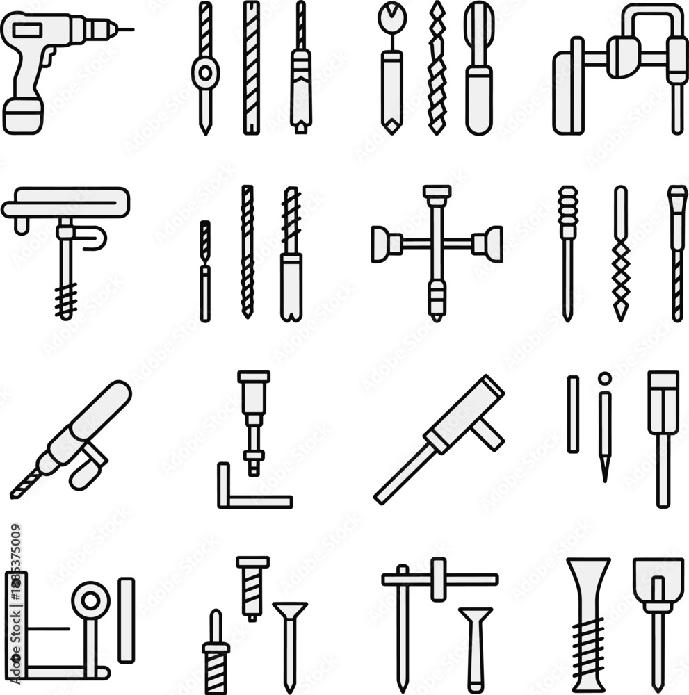 Obraz premium Hand tools and drill bit outline icons set including screws fasteners and hardware equipment for construction repair maintenance engineering workshop use