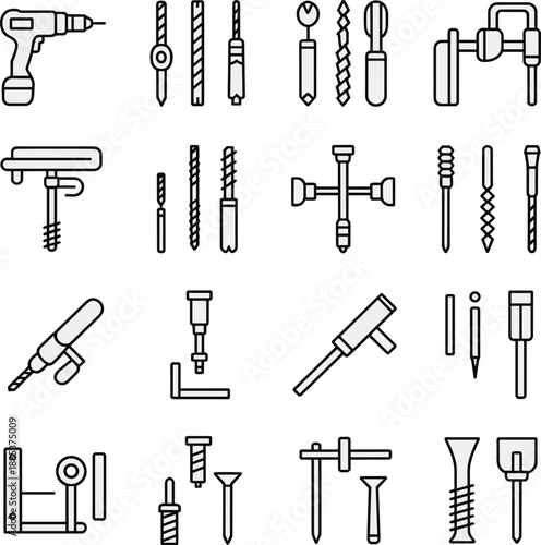 Hand tools and drill bit outline icons set including screws fasteners and hardware equipment for construction repair maintenance engineering workshop use
