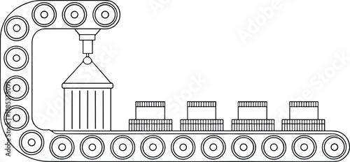 Industrial conveyor belt line illustration with robotic arm lifting container for automated manufacturing packaging material handling warehouse logistics production system