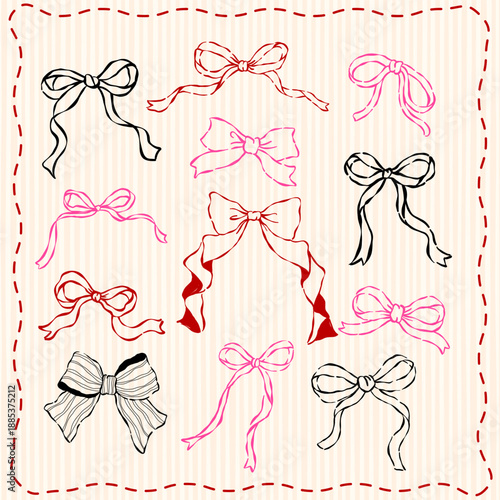 Coquette ribbon and bow outline decorative element set hand drawn in wavy lines with a playful vintage retro nostalgia vibe