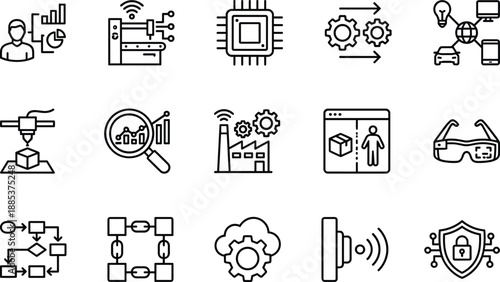 Industry four point zero smart manufacturing and automation technology icons set for digital factory IoT AI data analytics cybersecurity innovation solutions industrial systemsPrint