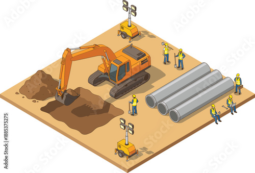 Isometric construction site illustration with excavator workers concrete pipes lighting towers for civil engineering infrastructure development roadwork and industrial building projects