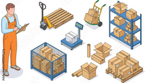 Isometric warehouse logistics illustration featuring worker inventory checklist pallets boxes shelving hand truck scale packaging materials organized supply chain management operations efficiency