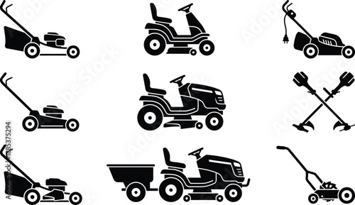 Lawn mower and gardening equipment silhouette icons set including ride on mowers and grass cutting tools for landscaping agriculture design use