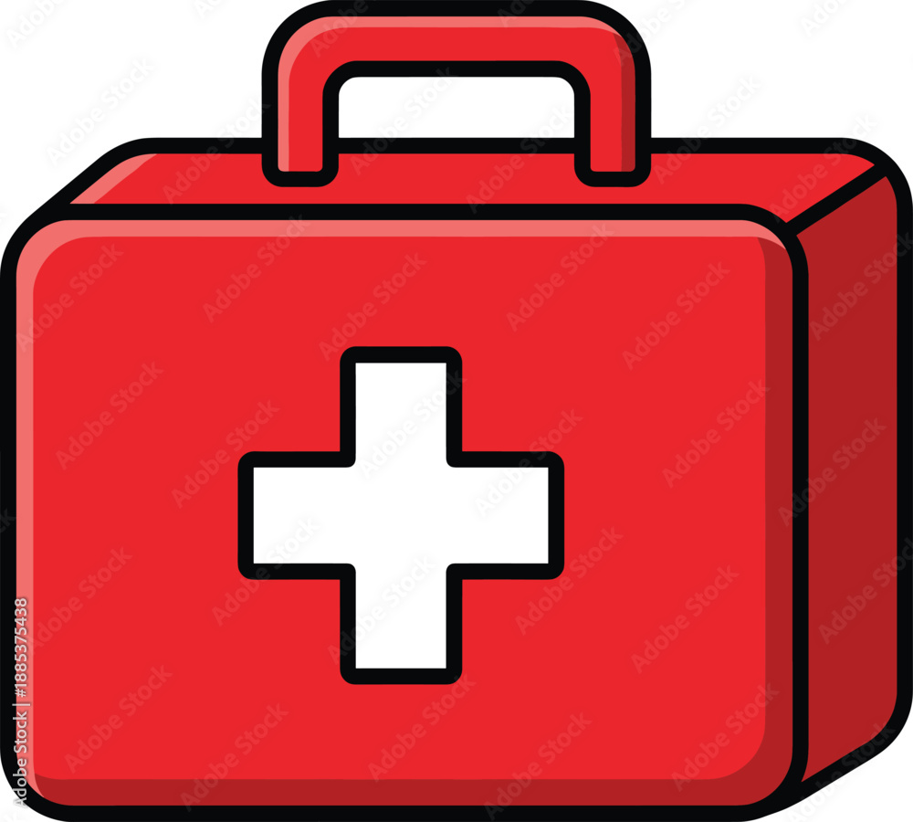Obraz premium Red first aid kit icon with medical cross symbol for emergency healthcare safety medicine hospital clinic insurance and disaster preparedness concepts services worldwide