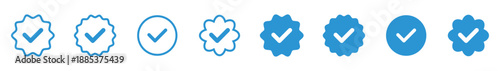 Blue Verified badge icon Set. Checkmark Approval Symbols. Validation Stamp Collection, Vector Illustration.