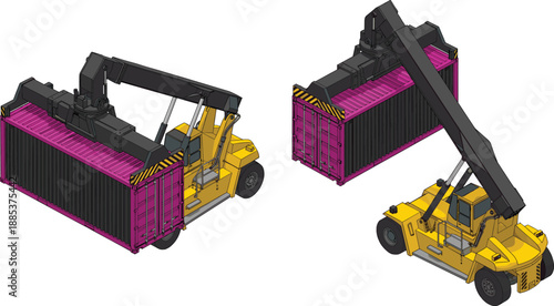 Reach stacker forklift handling shipping containers at cargo terminal, illustrating port logistics operations, container lifting equipment, and heavy industrial transportation workflow illustration