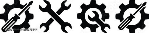 Repair and maintenance gear icons set with wrench and screwdriver symbols for engineering service settings configuration industrial mechanics and technical support concepts