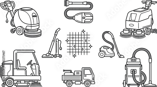 Set of cleaning equipment and industrial floor cleaning machines icons in black line style for janitorial, maintenance, commercial service design use