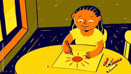 A girl draws the sun