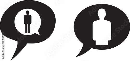 Solid Black Silhouette of Speech Bubble with Human Figure Inside Communication Concept Flat Vector Isolated on White Background