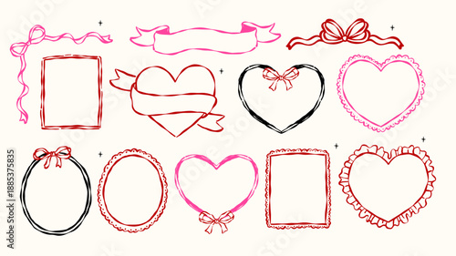Whimsical coquette frames and border outline wavy hand drawn with vintage retro vibe set, heart, oval and rectagle shape collection