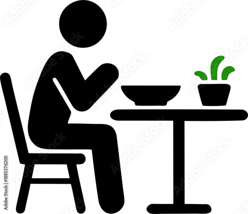 Person Eating Food at Table with Plant Icon