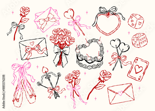 Whimsical Coquette Valentine romantic symbol and  icon elements outline wavy hand drawn with vintage retro vibe set