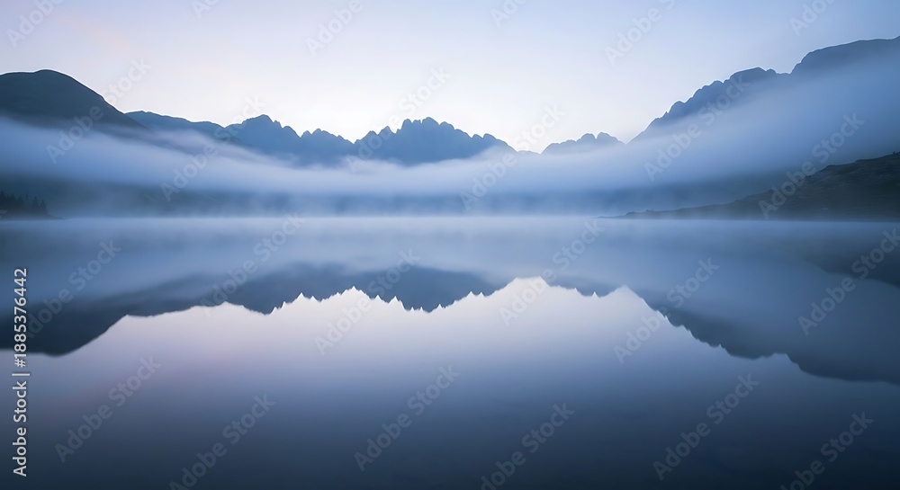 Obraz premium Serene Lake Reflection Mountains and Mist in Tranquil Waters.