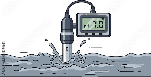 A pH meter device measures acidity in water with a digital readout screen.