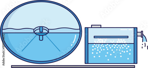Whisking device illustration showing liquid transfer from tank to container with bubbles and water flow