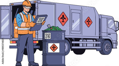 Waste management worker inspecting hazardous materials on a truck via digital tablet standing beside a labeled waste container